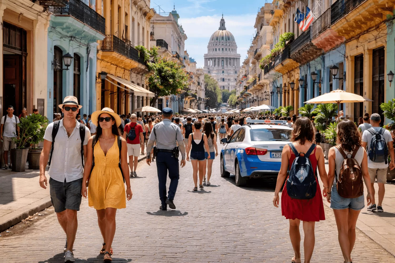 tourists walking safely in busy cuba city street with visible police presence