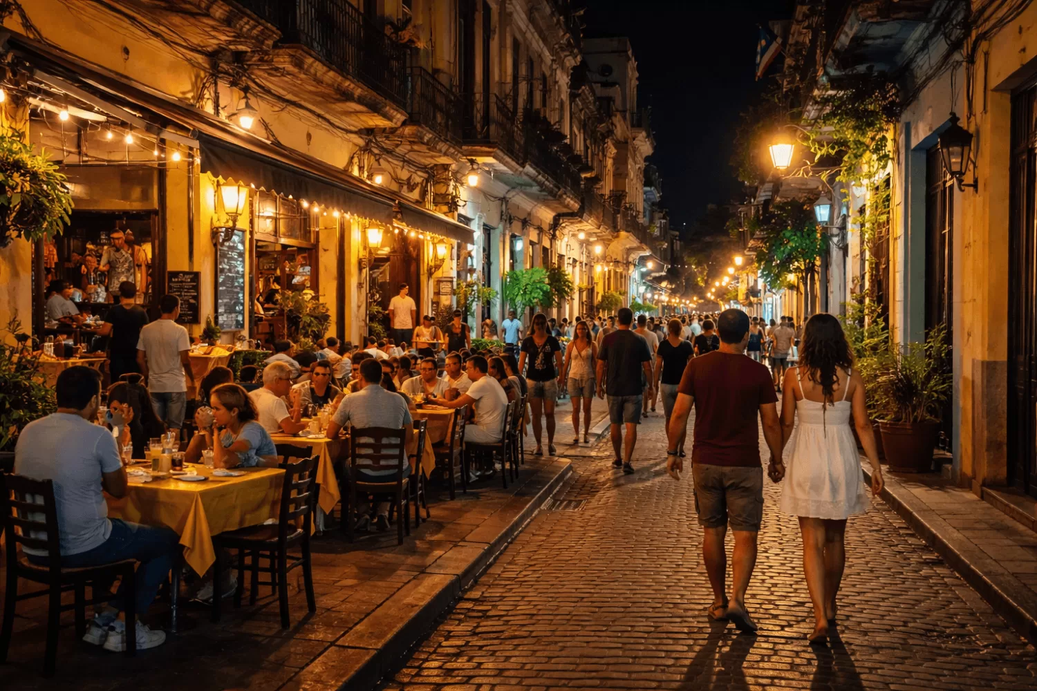 well lit cuba street at night with people walking safely in active area