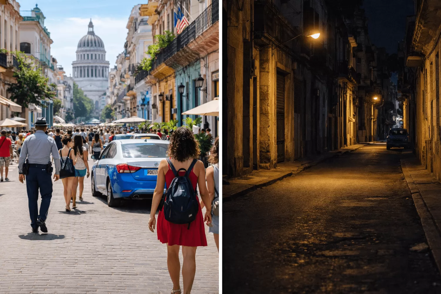 comparison between busy safe tourist area and quiet empty street in cuba