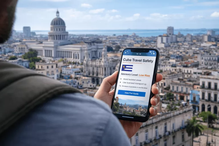 traveler checking cuba safety information on smartphone with city skyline background