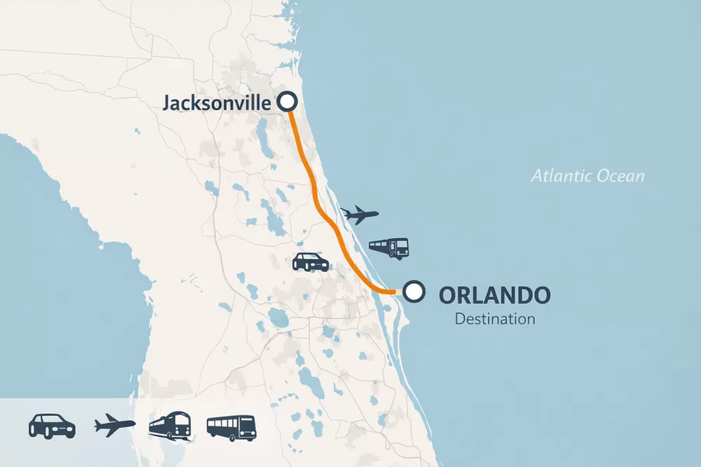 Map showing distance and travel route from Jacksonville to Orlando