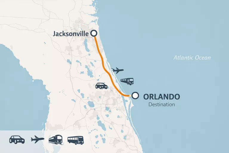 Map showing distance and travel route from Jacksonville to Orlando