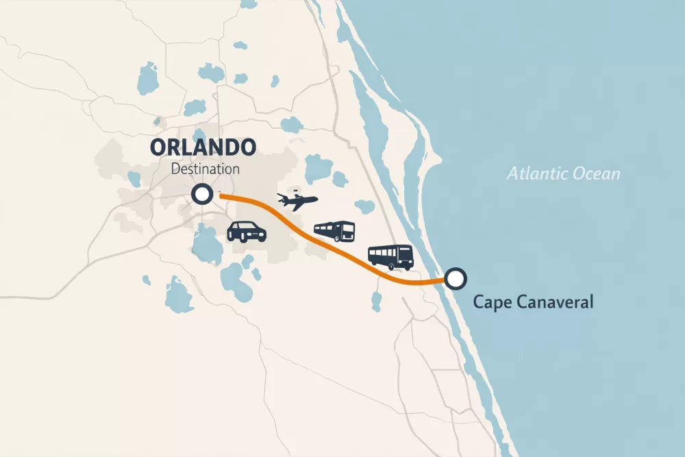 Map showing distance and travel route from Cape Canaveral to Orlando Florida