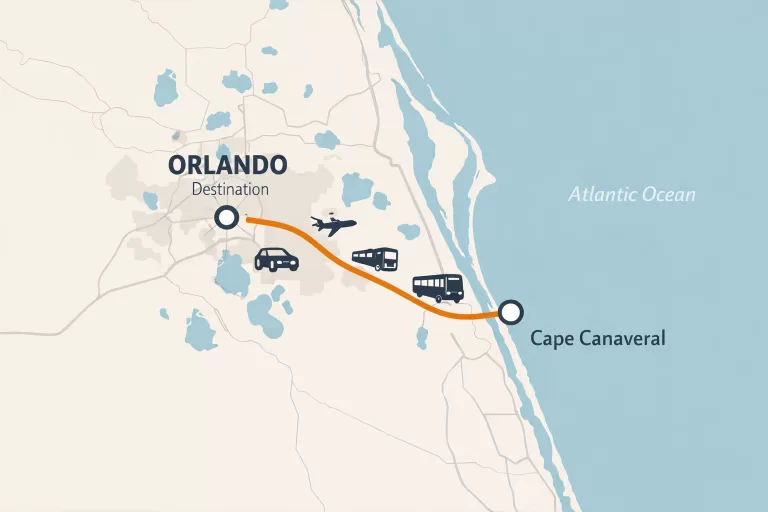 Map showing distance and travel route from Cape Canaveral to Orlando Florida