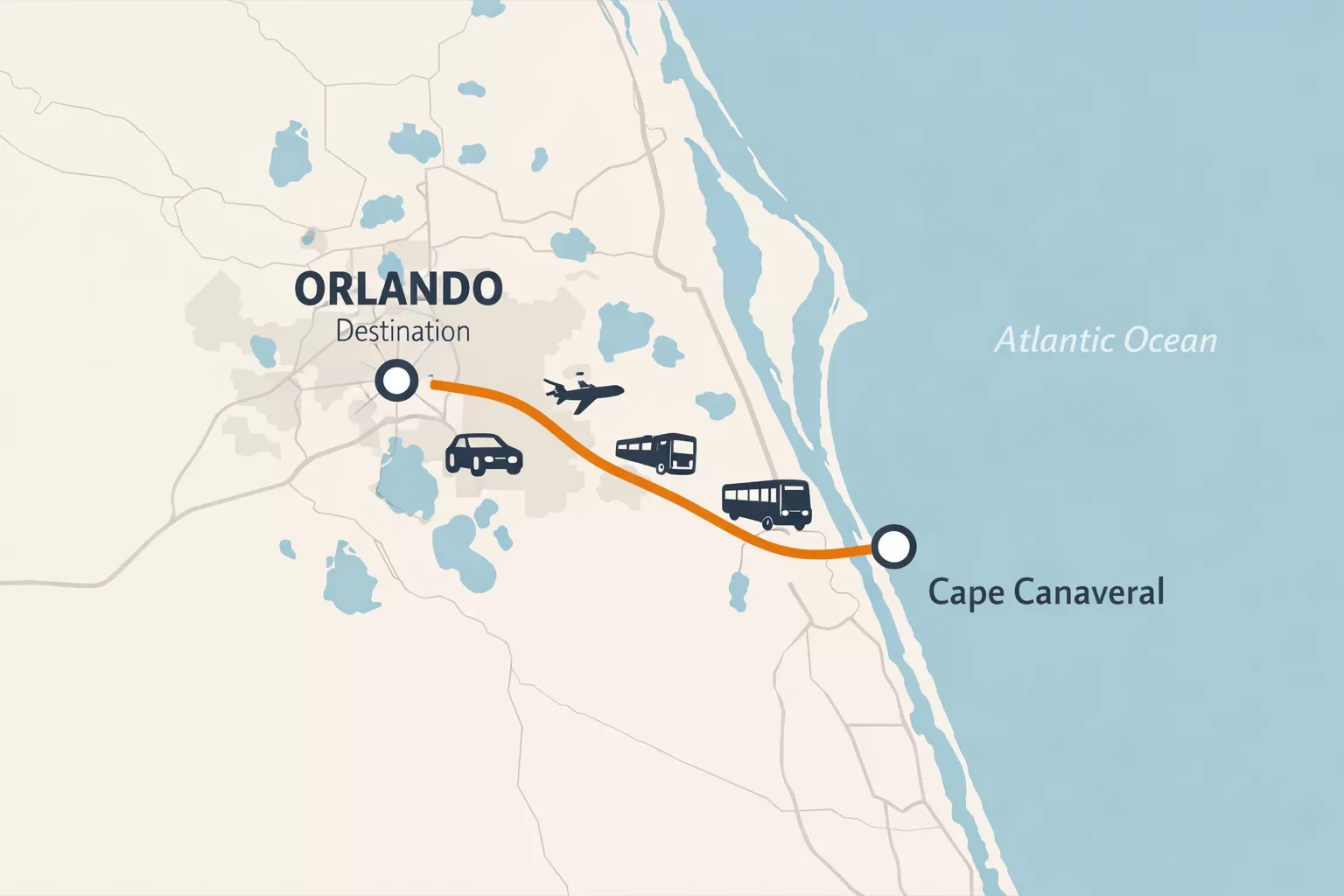 Map showing distance and travel route from Cape Canaveral to Orlando Florida