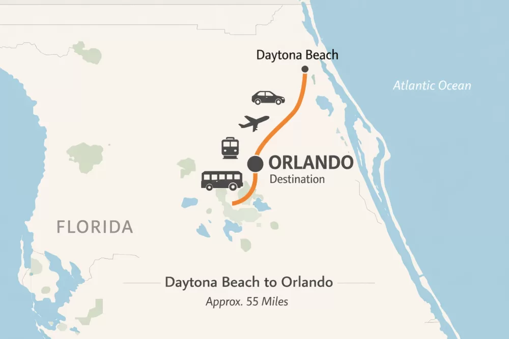 Map showing distance and travel route from Daytona Beach to Orlando Florida
