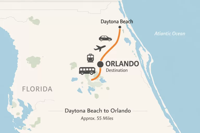 Map showing distance and travel route from Daytona Beach to Orlando Florida