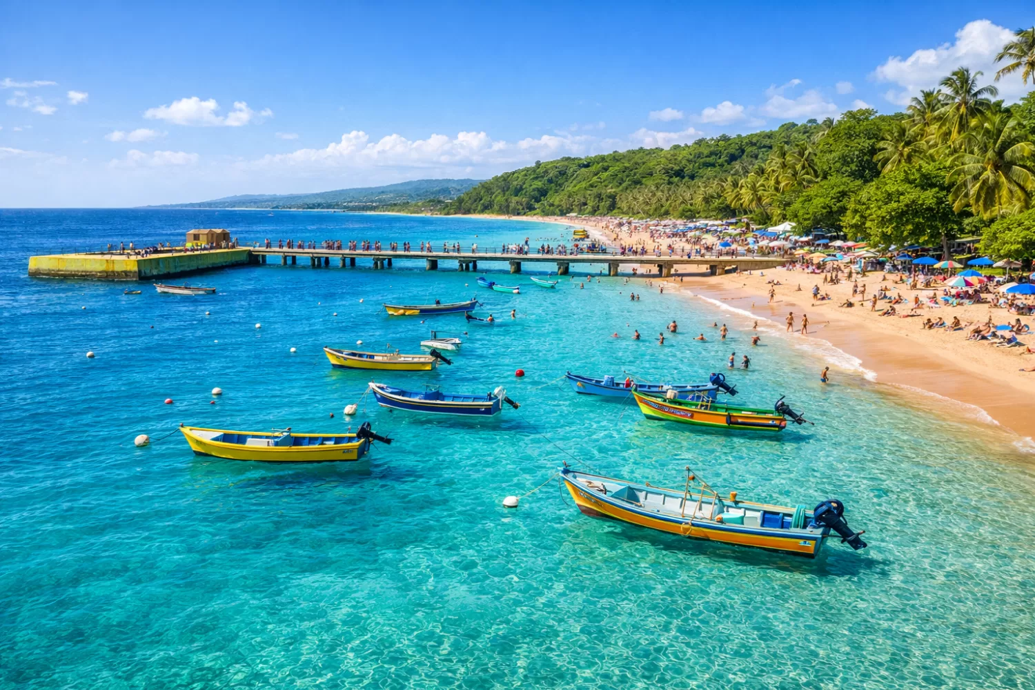 Crash Boat Beach in Aguadilla Puerto Rico with colorful boats and visitors on the beach