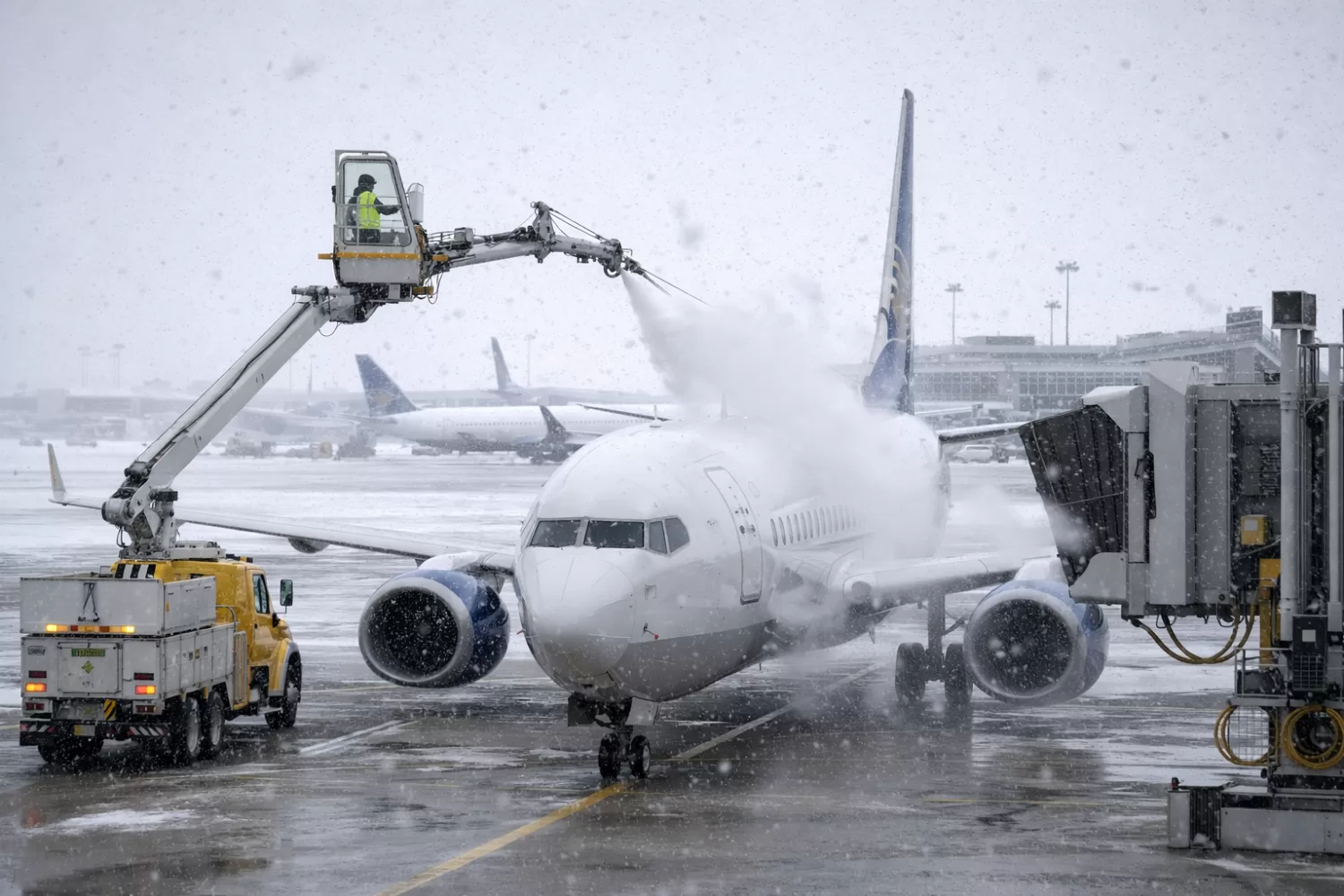 Commercial airplane being de-iced at US airport during light snowfall