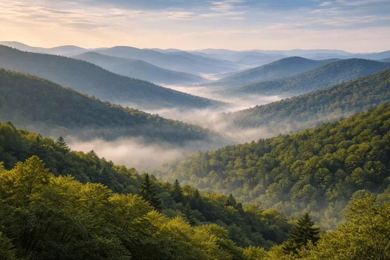 Soft rounded Appalachian Mountains with dense green forest and morning mist showing erosion-shaped peaks