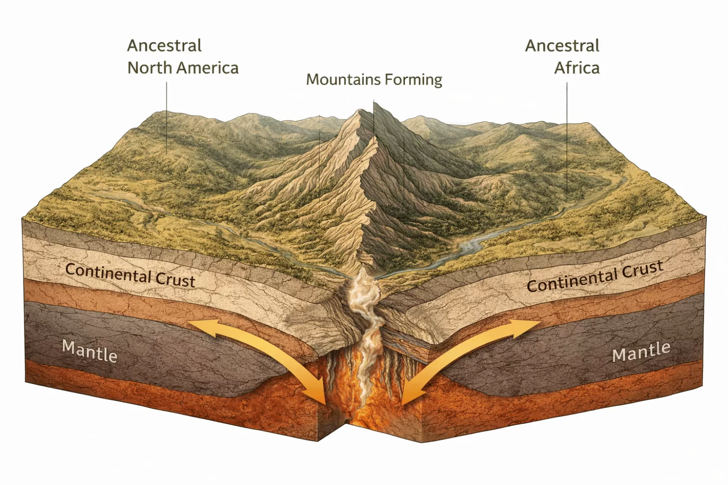 Geological illustration showing tectonic plate collision forming Appalachian Mountains