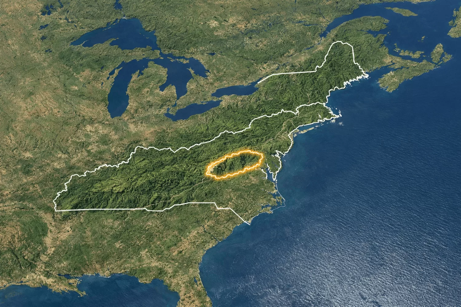 Aerial satellite view of Appalachian mountain range from Alabama to Canada with Great Smoky Mountains highlighted