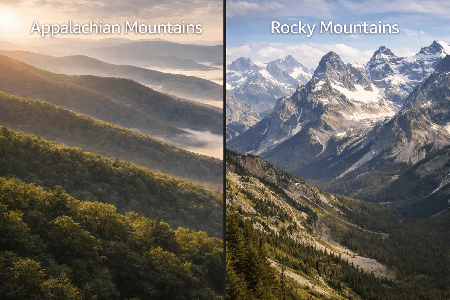 Side-by-side comparison of rounded Appalachian Mountains and sharp Rocky Mountains peaks