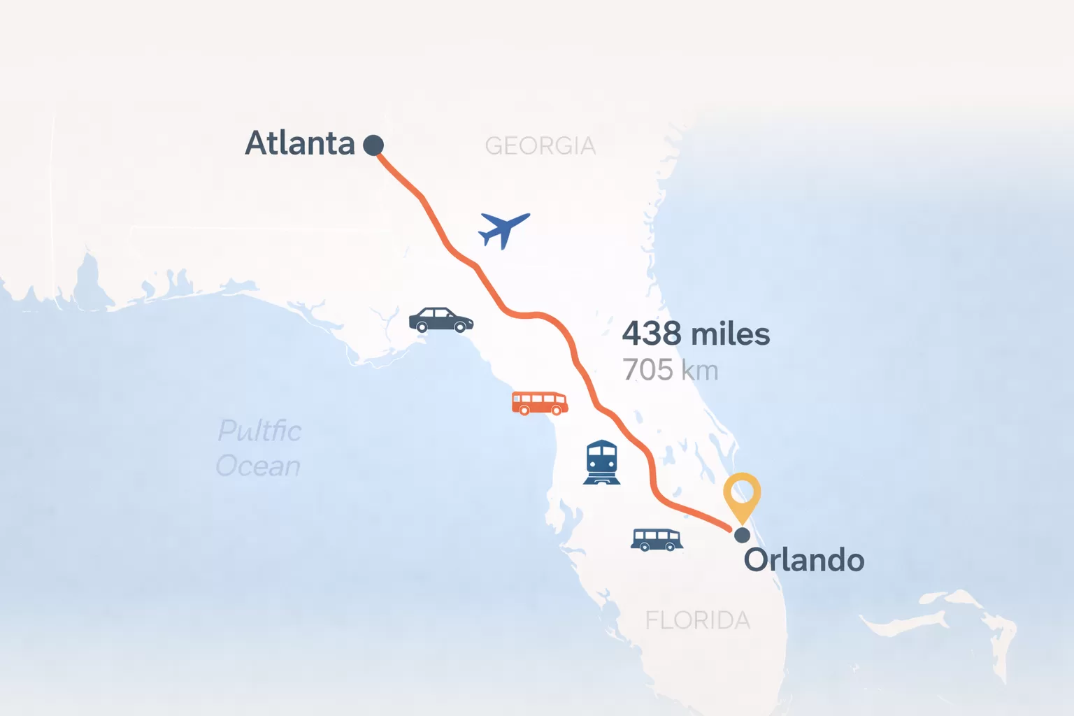 map showing the travel route and distance from Atlanta Georgia to Orlando Florida