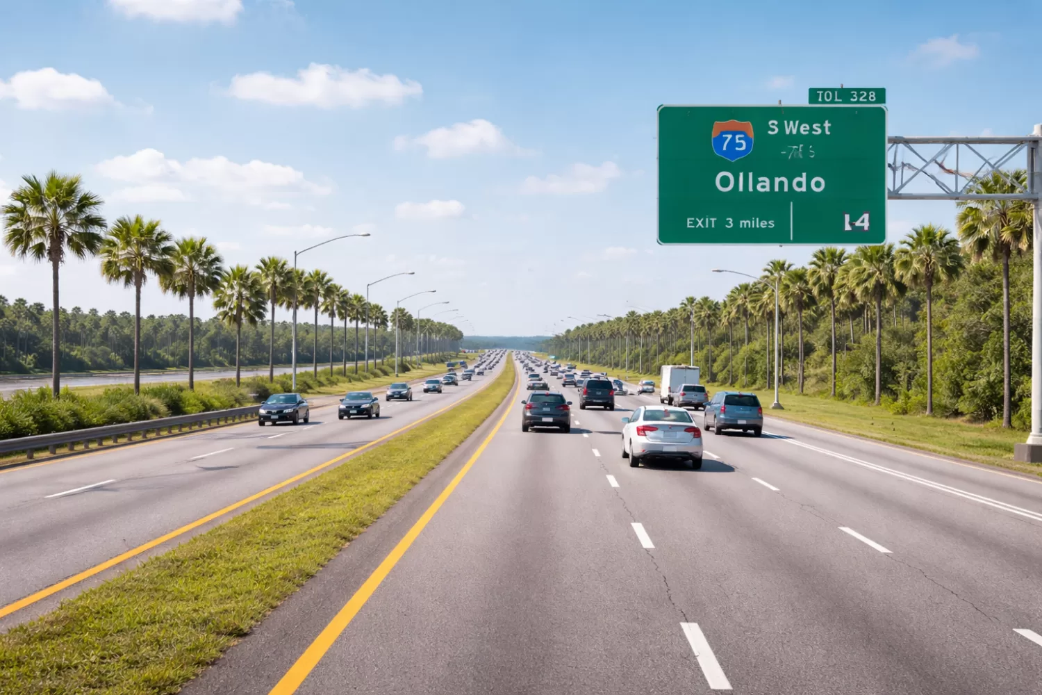 Vehicles driving west on SR-528 Beachline Expressway toward Orlando Florida