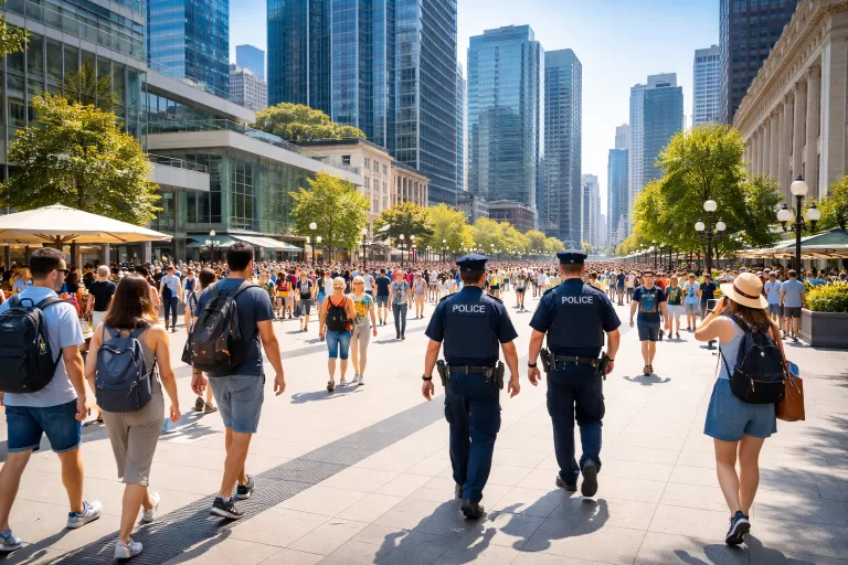 tourists walking in a busy city center with visible police presence
