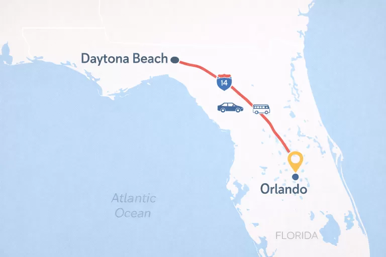 Route map showing the distance and driving route from Daytona Beach to Orlando along Interstate 4 in Florida