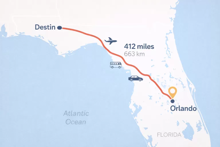 Route map showing travel distance from Destin Florida to Orlando Florida