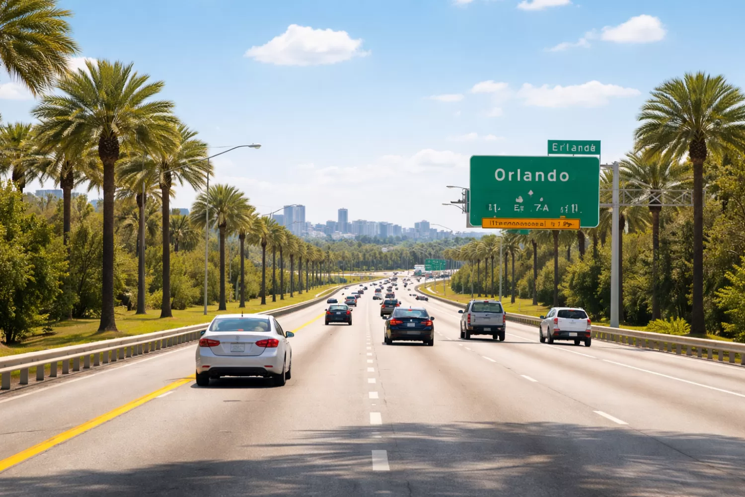 vehicles driving on a Florida highway toward Orlando from nearby cities