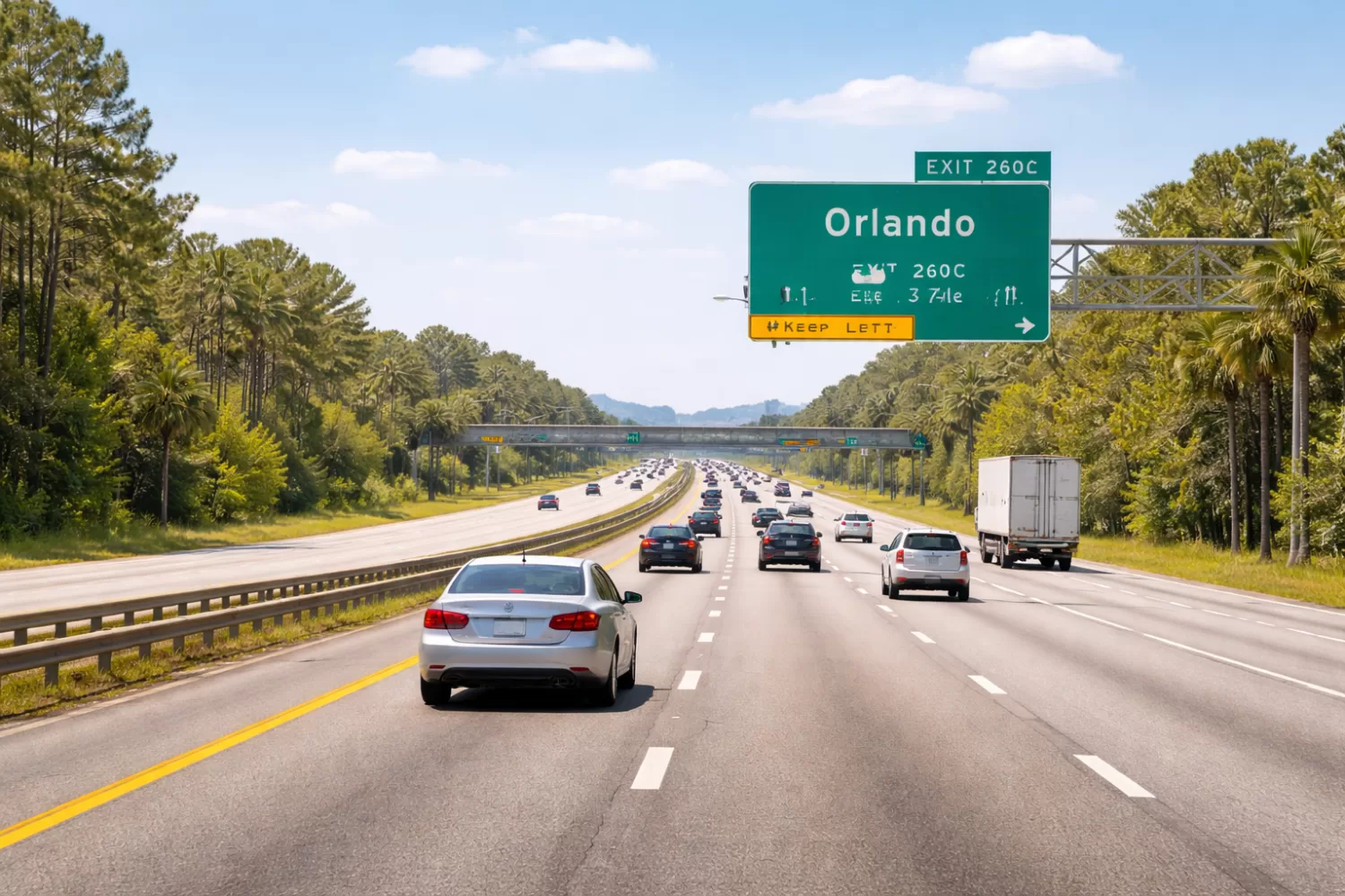 vehicles driving on a Florida highway toward Orlando from Jacksonville