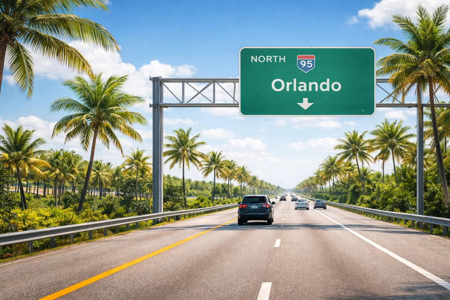 vehicles driving on a Florida highway heading toward Orlando with palm trees along the road
