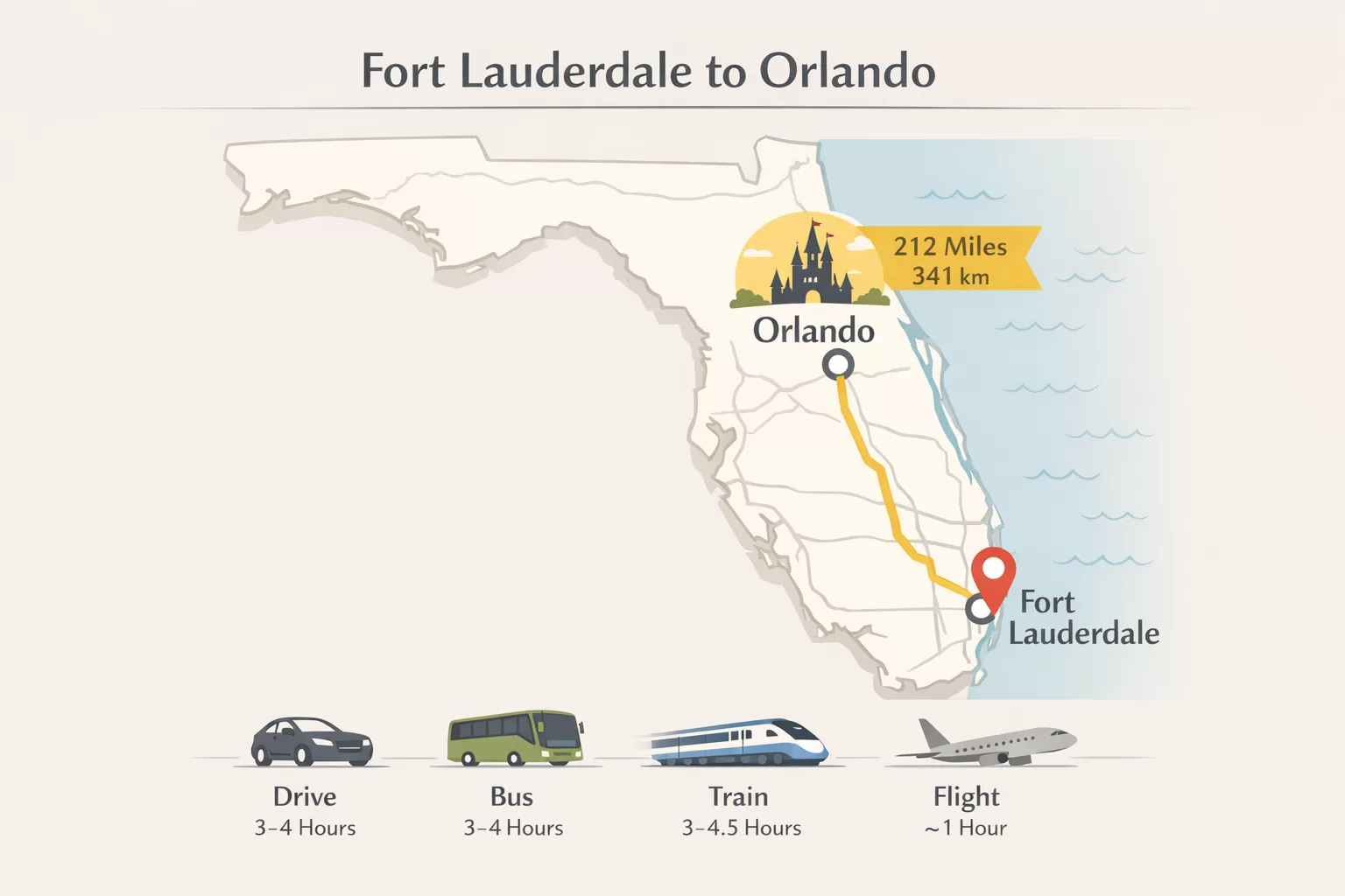 map showing the travel route and distance from Fort Lauderdale to Orlando Florida