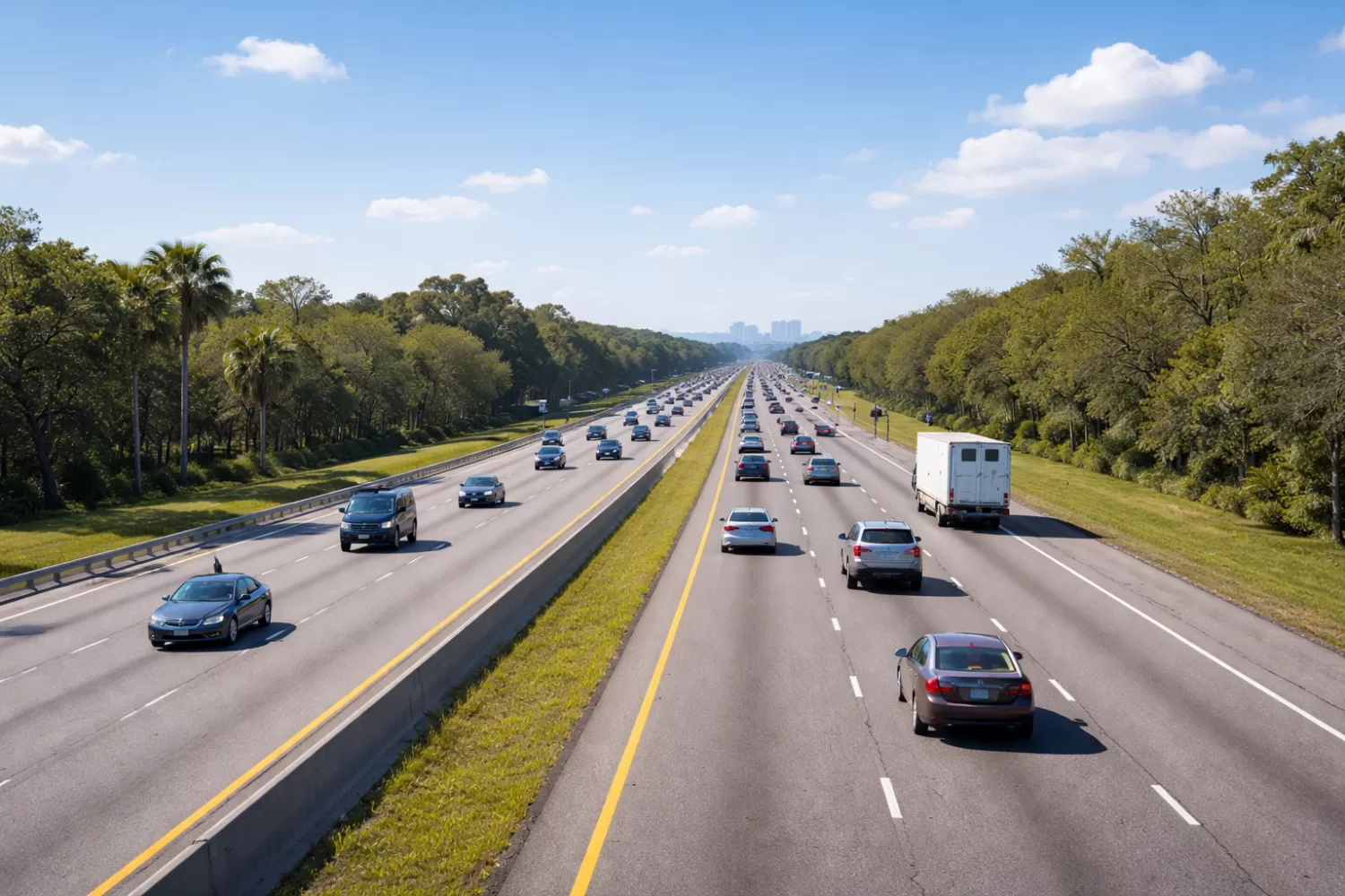 Vehicles traveling east on Interstate 4 in Central Florida toward Orlando under clear sunny skies