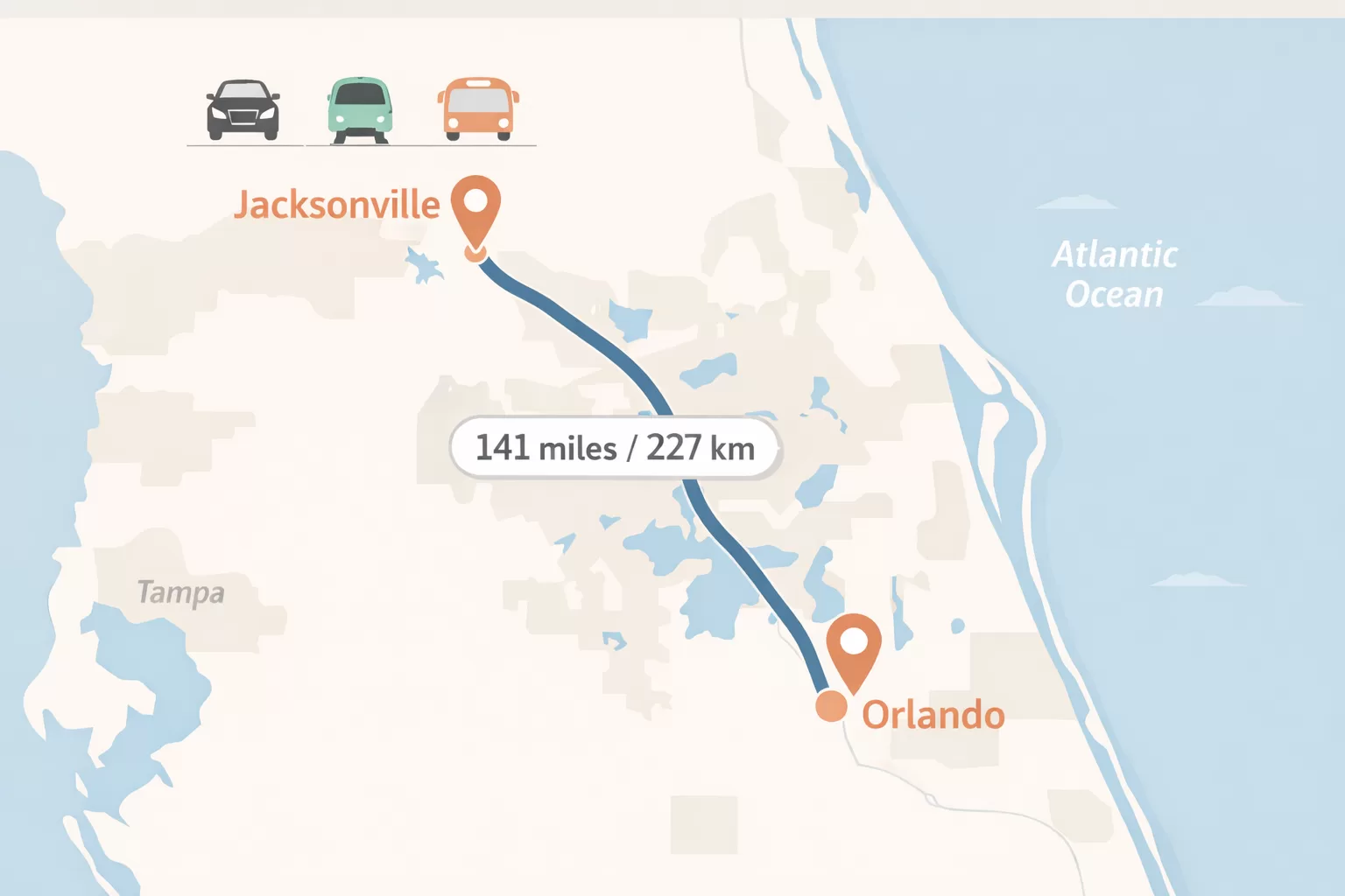 map showing the travel route and distance from Jacksonville to Orlando Florida