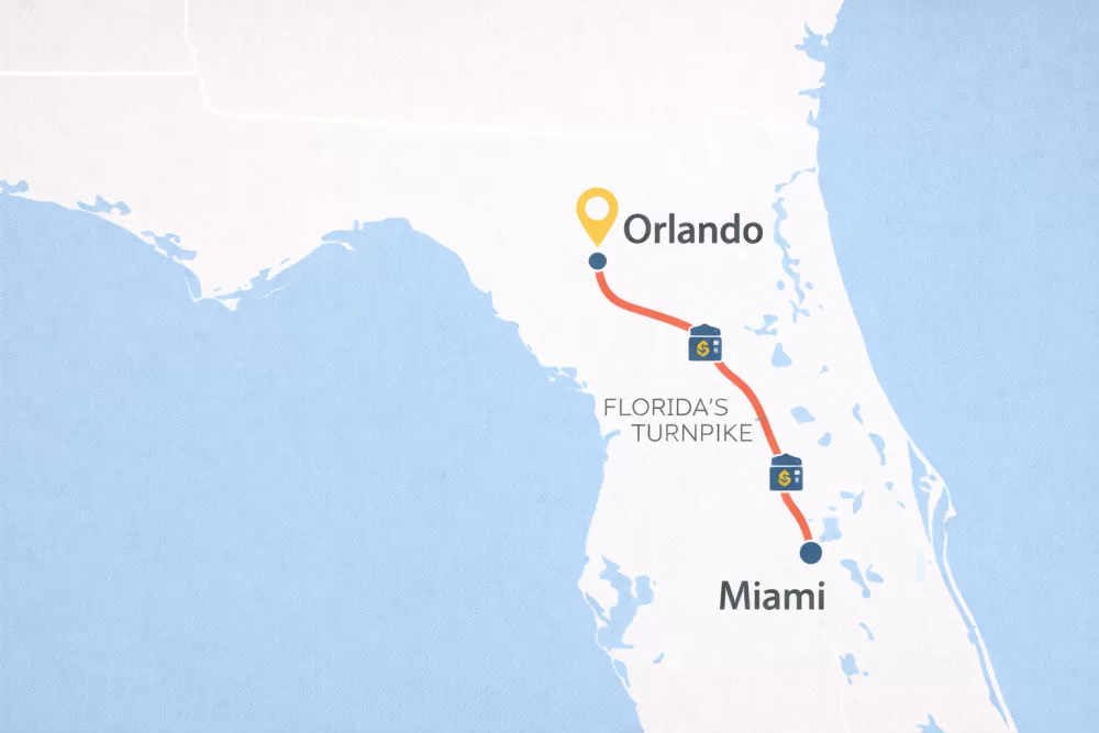 Map showing Florida’s Turnpike route from Miami to Orlando with toll icons along the highway