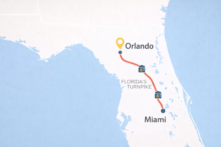 Map showing Florida’s Turnpike route from Miami to Orlando with toll icons along the highway