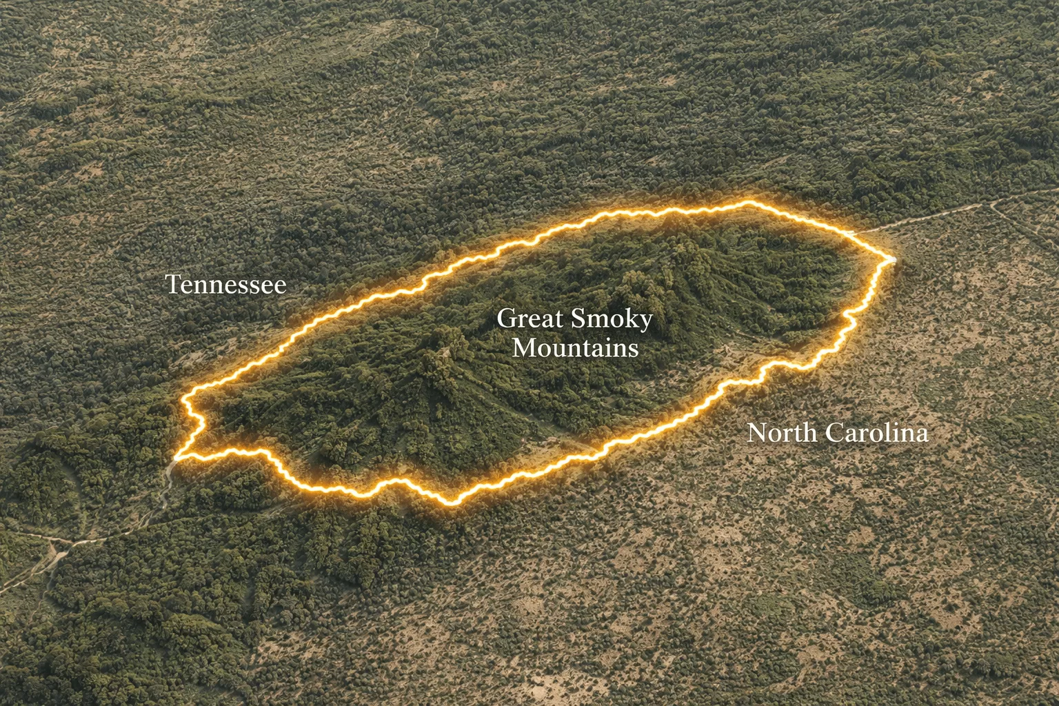Top-down aerial view of Great Smoky Mountains along Tennessee and North Carolina border with highlighted region