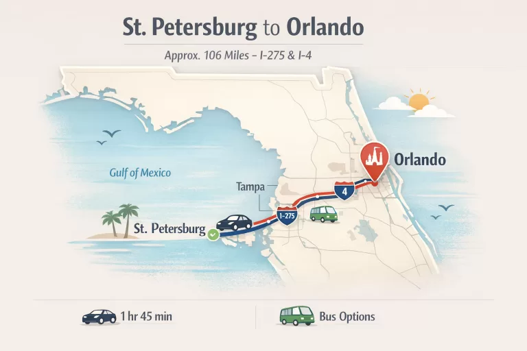 Route map showing driving route from St Petersburg Florida to Orlando via I-275 and Interstate 4