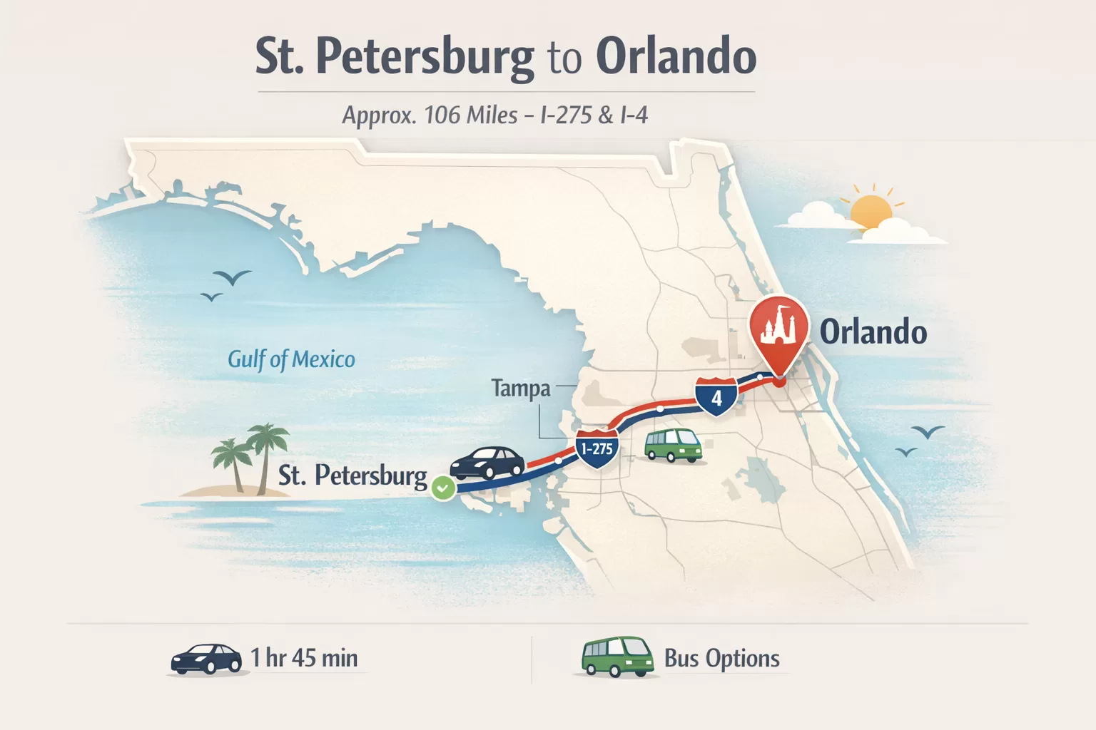 Route map showing driving route from St Petersburg Florida to Orlando via I-275 and Interstate 4