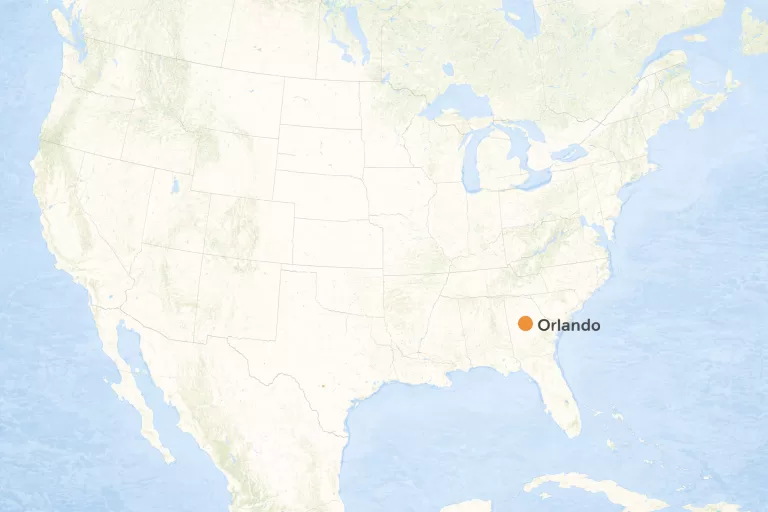 Map of the United States showing the location of Orlando Florida highlighted