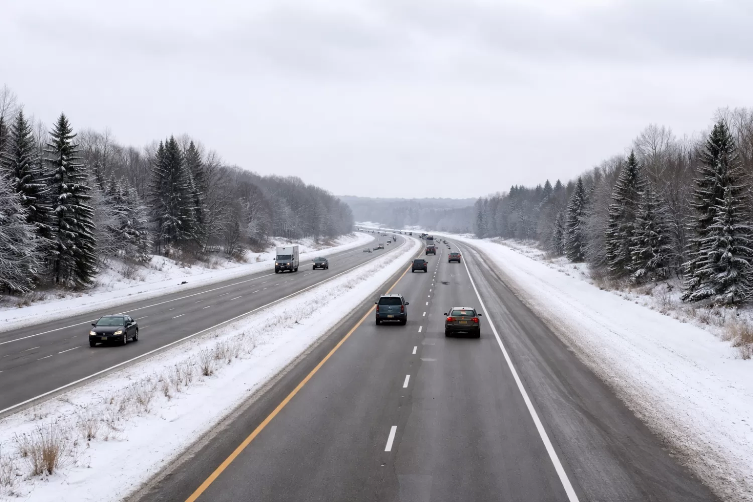 US interstate highway during winter with light snow and vehicles driving cautiously on cleared lanes