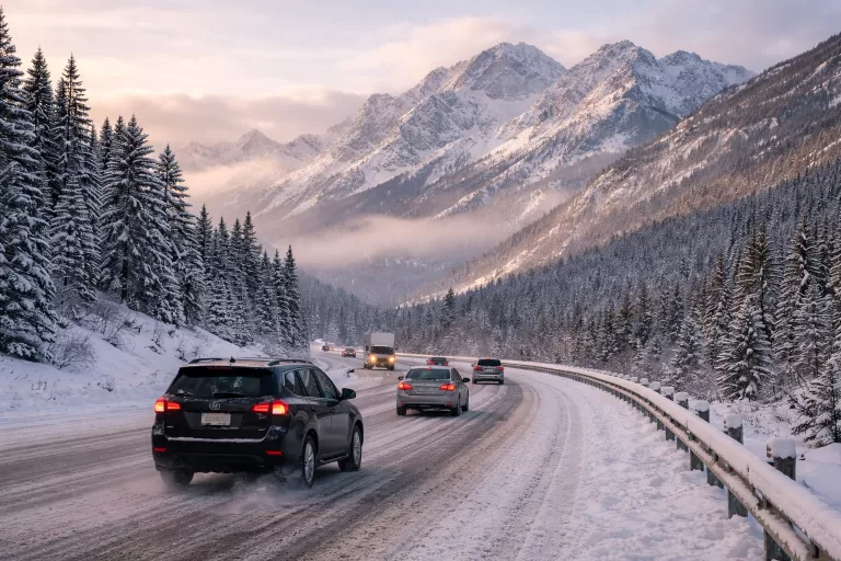 Winter highway road trip with cars driving on snowy road through mountains