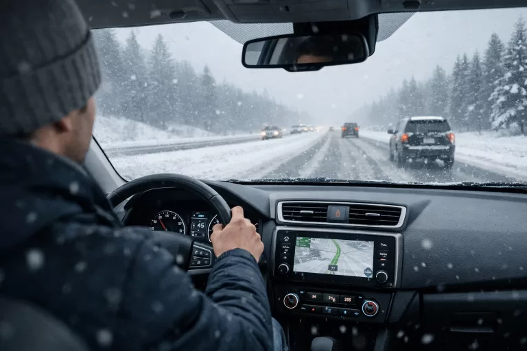 driver focused on snowy highway during winter road trip with low visibility