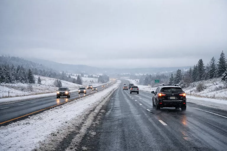 Driver traveling cautiously on a snowy highway during a winter road trip in the United States