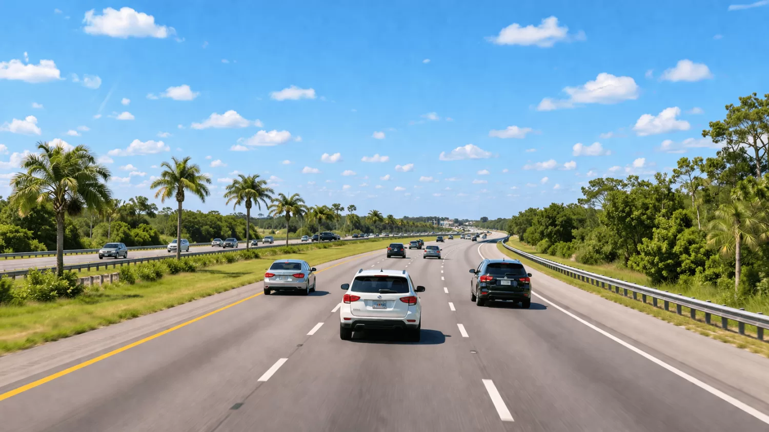 Vehicles driving on Interstate 75 toward Orlando under clear sunny Florida skies