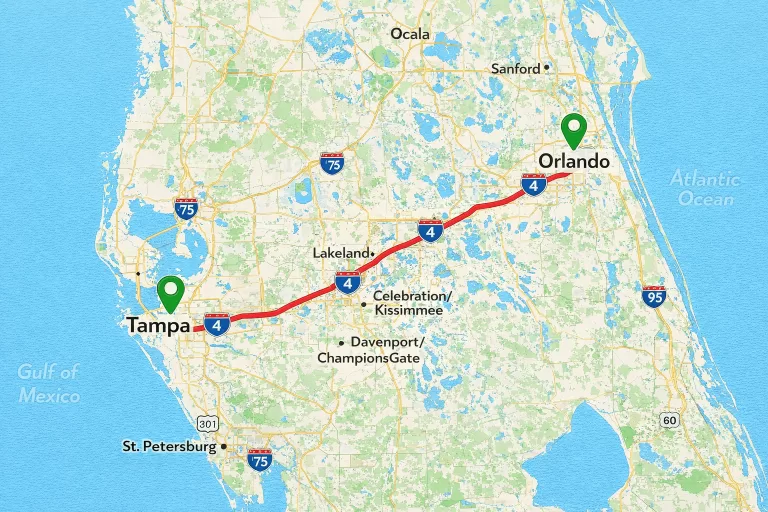 Map showing distance from Orlando to Tampa via I-4