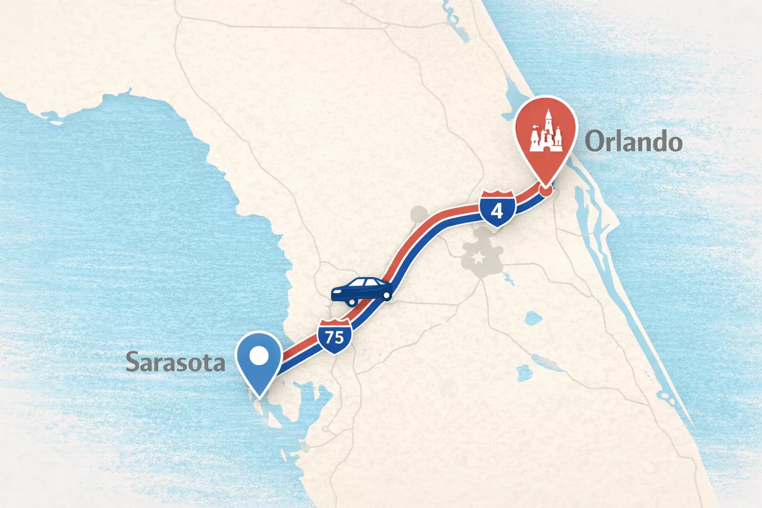 Route map showing driving route from Sarasota to Orlando via I-75 and Interstate 4