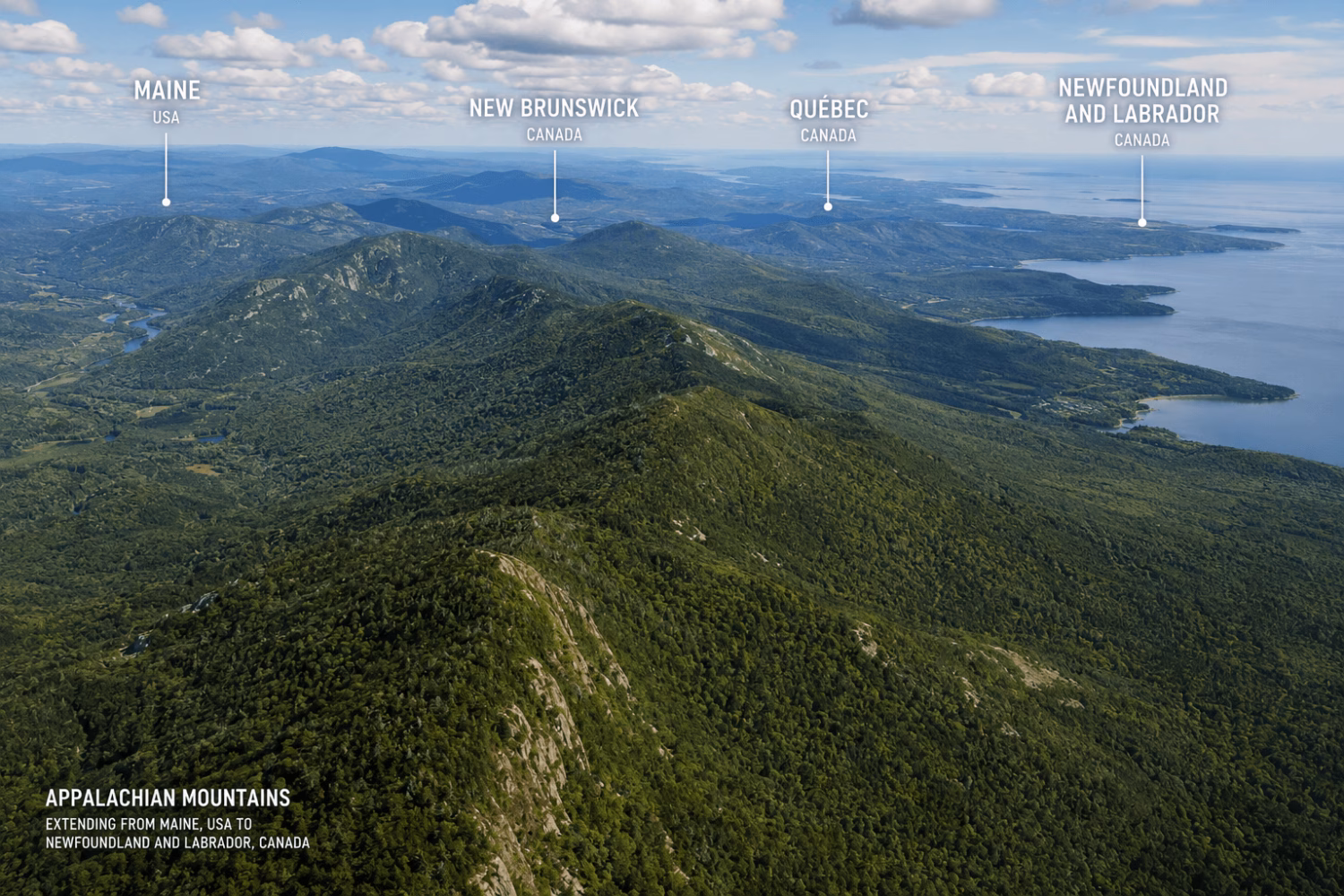 Northern Appalachian Mountains continuing beyond Maine into eastern Canada