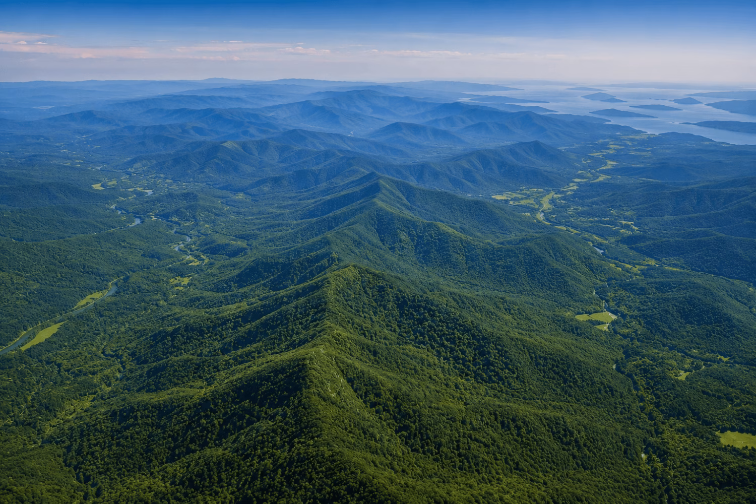 Aerial view of the Appalachian Mountains stretching across eastern North America