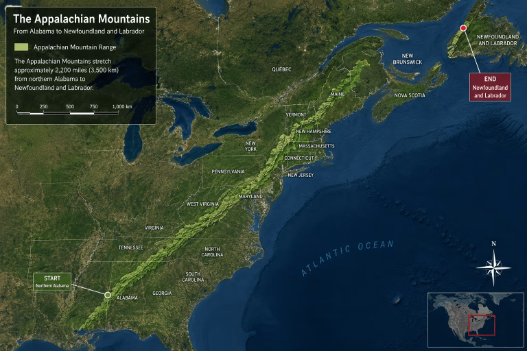 Map showing the Appalachian Mountains stretching from Alabama to Newfoundland and Labrador
