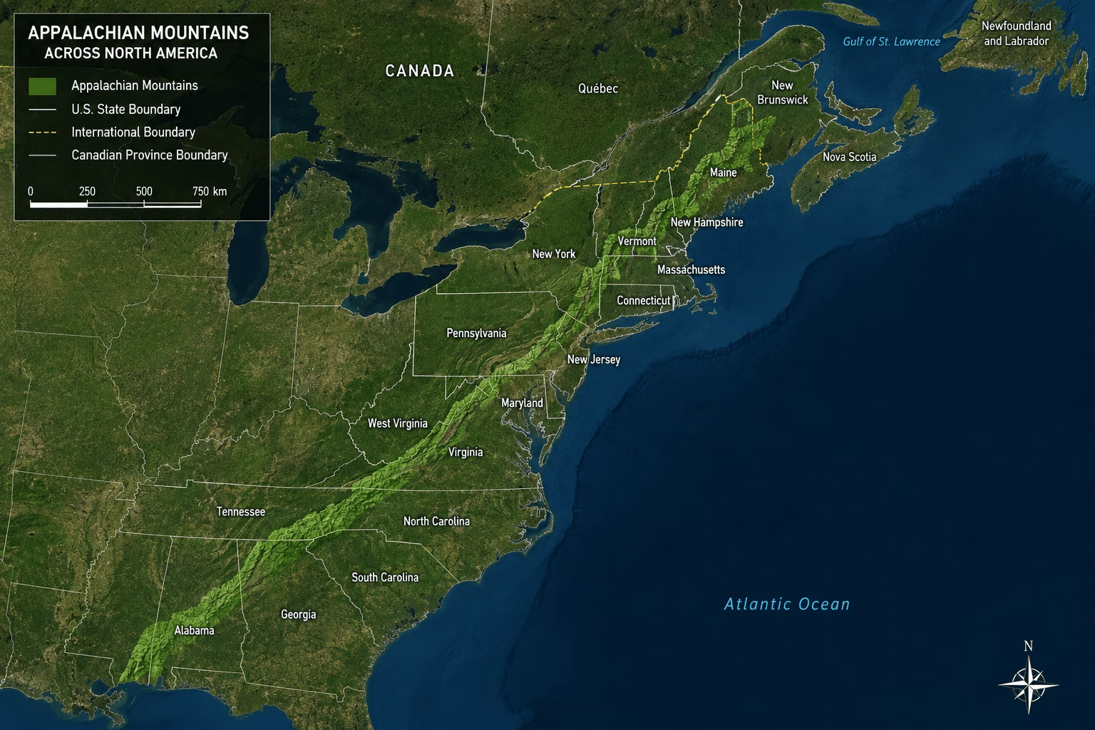 Map showing U.S. states and Canadian provinces crossed by the Appalachian Mountains